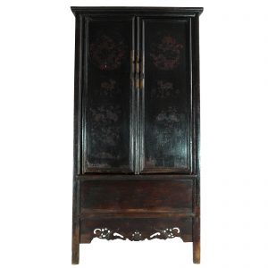 Tapered cabinet, antique, China, Shanxi, oriental furniture, 19 century, drawings on doors, lacquered wood