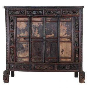 Temple cabinet, antique, Shanxi province, 18 century, late Ming dynasty, black lacquer, elm and pine wood, carving, oriental and chinese furniture